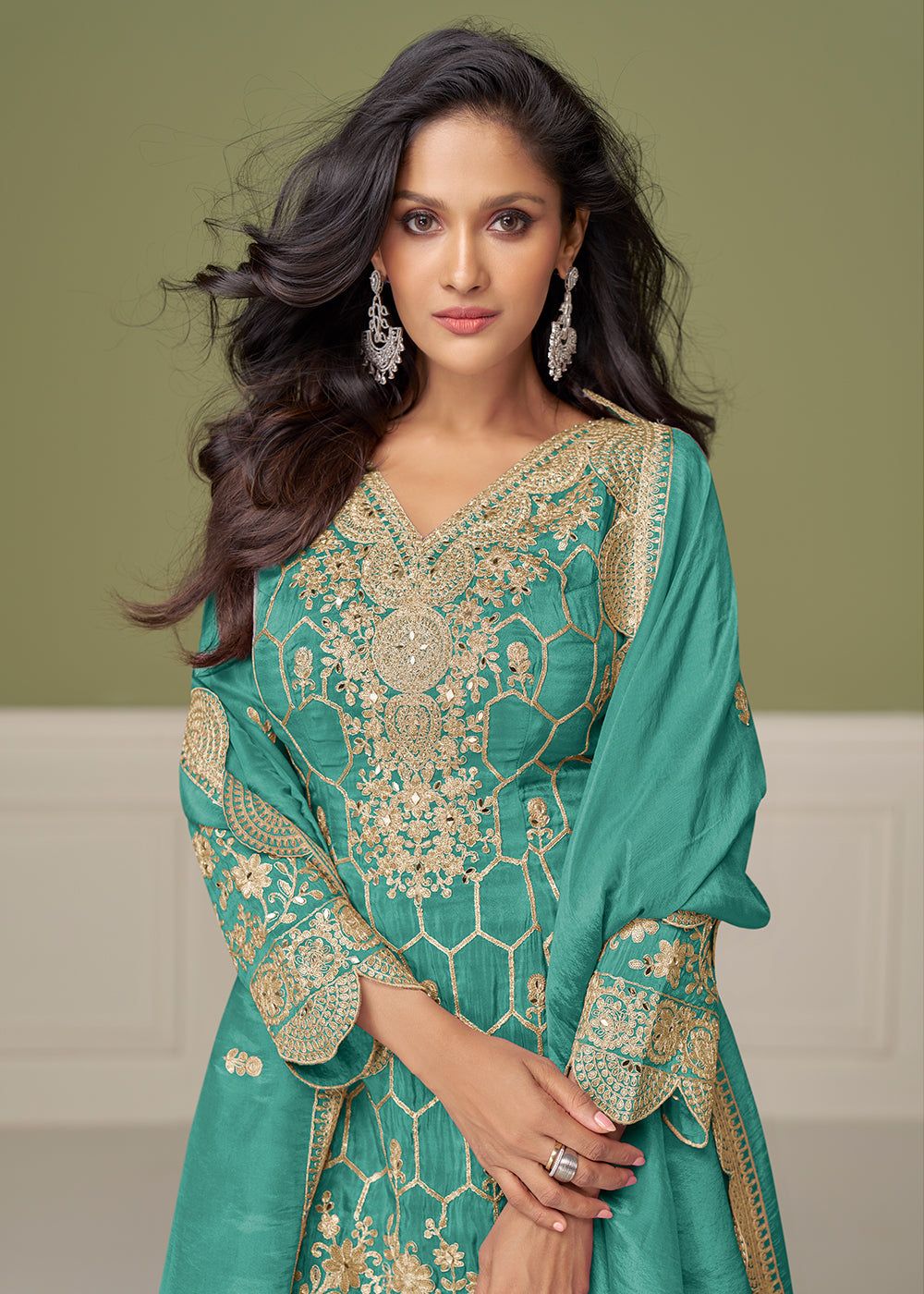 Buy Now Pretty Embroidered Turquoise Shimmer Silk Gharara Suit Online in USA, UK, Canada, Germany, Italy, France, Austria, Denmark, UAE & Worldwide at Empress.