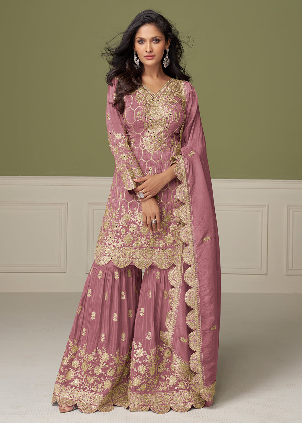 Buy Now Pretty Embroidered Pink Shimmer Silk Gharara Suit Online in USA, UK, Canada, Germany, Italy, France, Austria, Denmark, UAE & Worldwide at Empress.