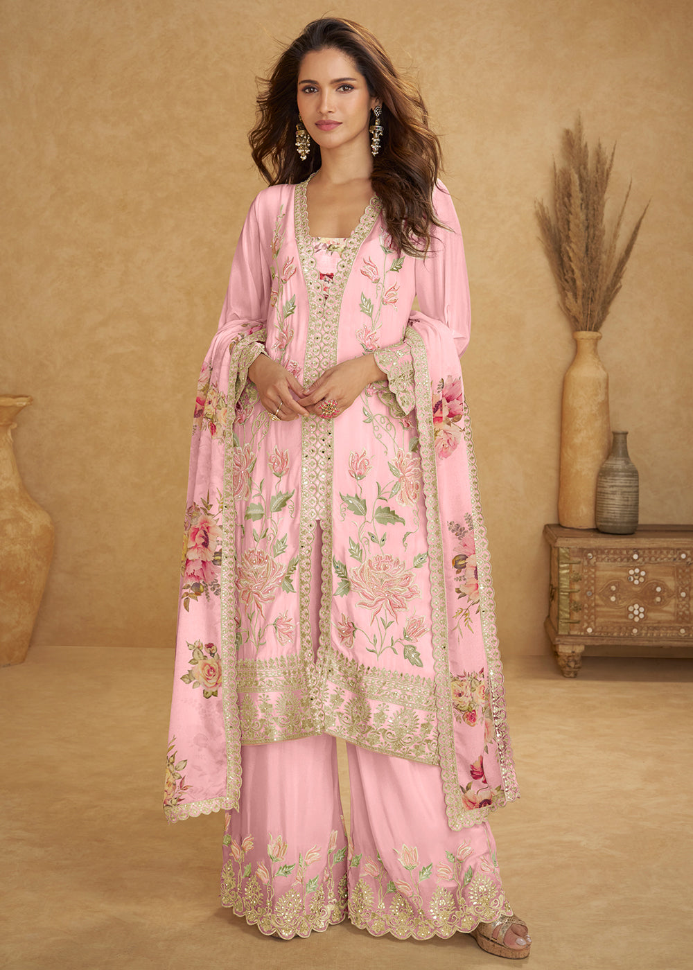 Buy Now Premium Pink Color Chinnon Palazzo Suit Online in Newark, Miami, Toronto, London, Dortmund, Katy, Denver, Paris, California & Worldwide at Empress.