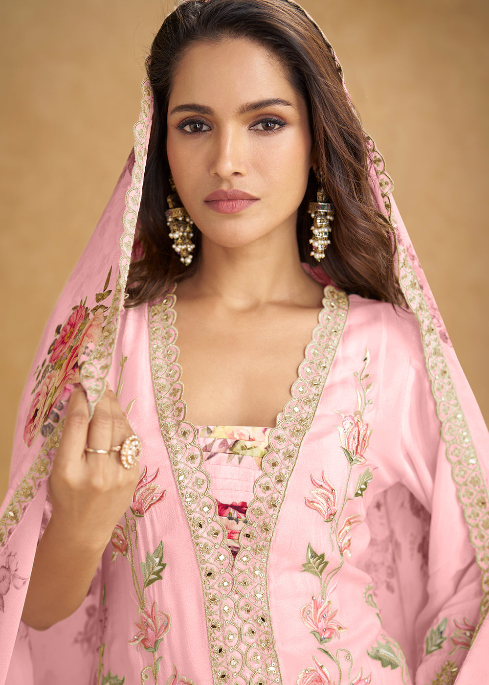 Buy Now Premium Pink Color Chinnon Palazzo Suit Online in Newark, Miami, Toronto, London, Dortmund, Katy, Denver, Paris, California & Worldwide at Empress.