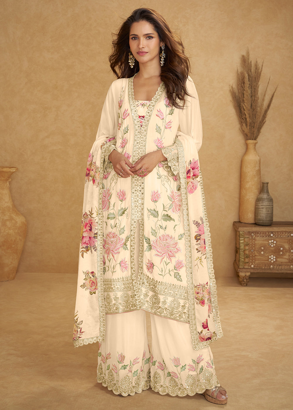 Buy Now Premium Cream Color Chinnon Palazzo Suit Online in Newark, Miami, Toronto, London, Dortmund, Katy, Denver, Paris, California & Worldwide at Empress.