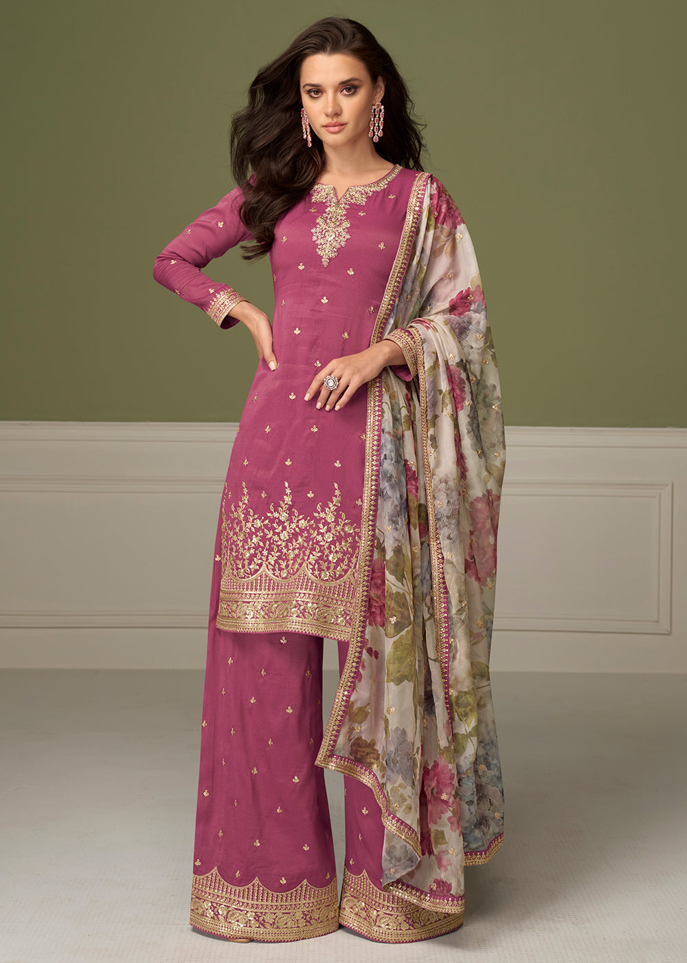 Buy Now Delightful Pink Shimmer Silk Function Palazzo Suit Online in Newark, Yorktown, Toronto, London, Dubai, Orlando, Munich & Worldwide at Empress.