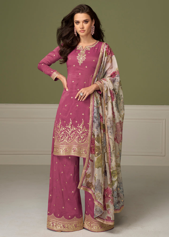 Buy Now Delightful Pink Shimmer Silk Function Palazzo Suit Online in Newark, Yorktown, Toronto, London, Dubai, Orlando, Munich & Worldwide at Empress.