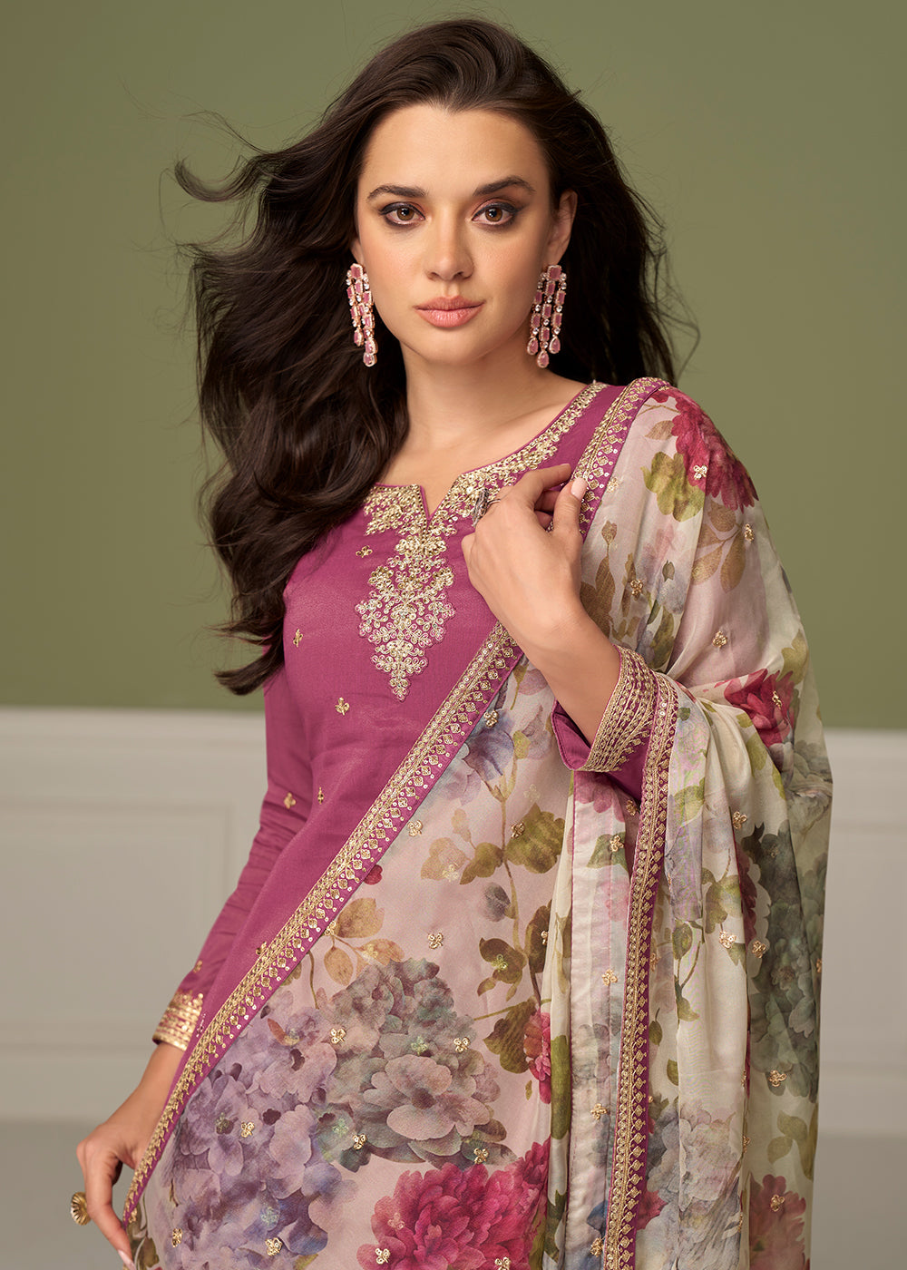Buy Now Delightful Pink Shimmer Silk Function Palazzo Suit Online in Newark, Yorktown, Toronto, London, Dubai, Orlando, Munich & Worldwide at Empress.