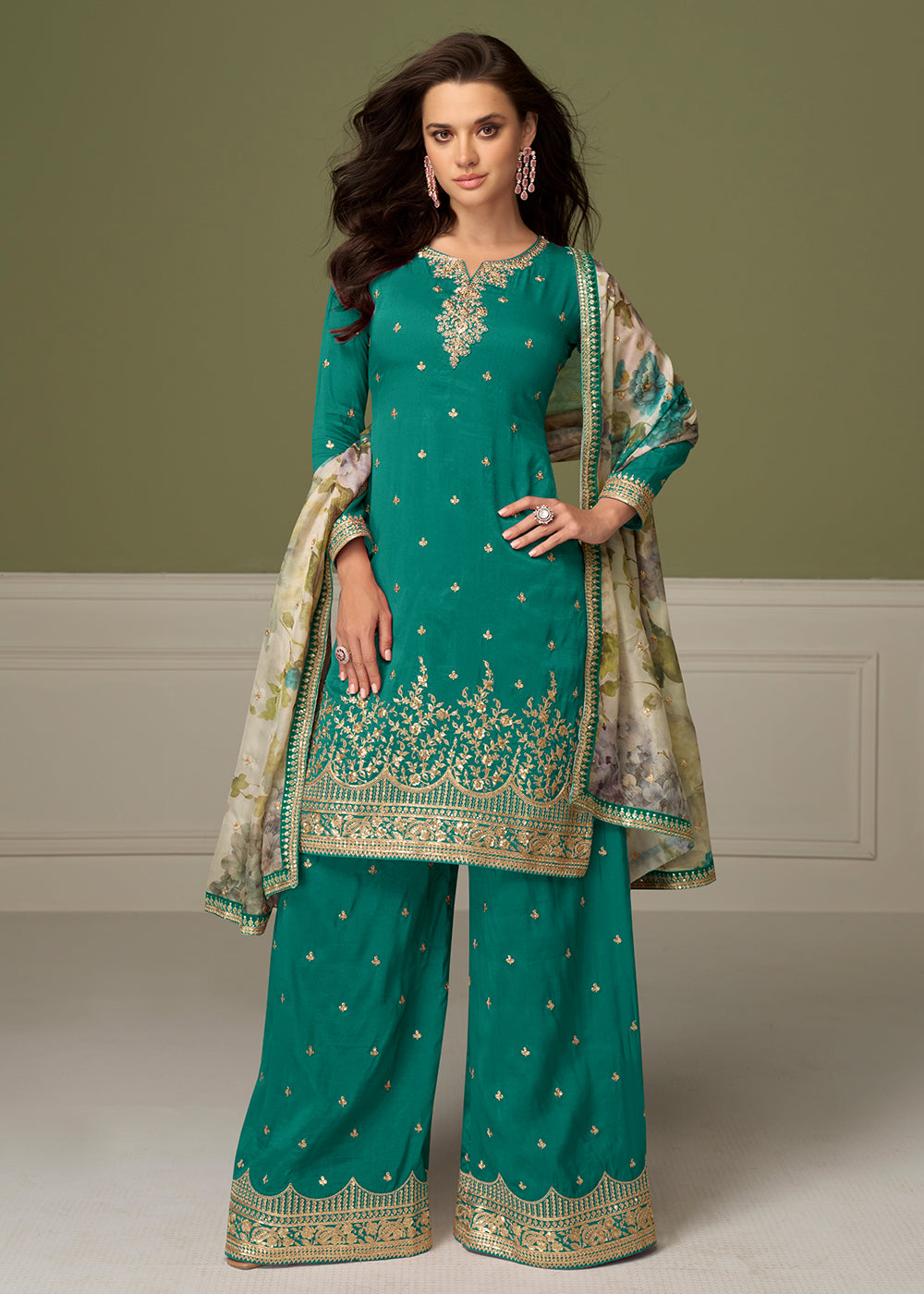Buy Now Delightful Rama Shimmer Silk Function Palazzo Suit Online in Newark, Yorktown, Toronto, London, Dubai, Orlando, Munich & Worldwide at Empress.