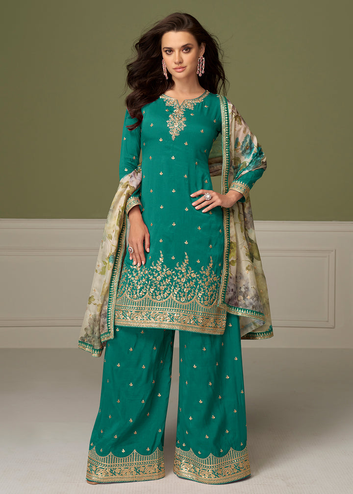 Buy Now Delightful Rama Shimmer Silk Function Palazzo Suit Online in Newark, Yorktown, Toronto, London, Dubai, Orlando, Munich & Worldwide at Empress.