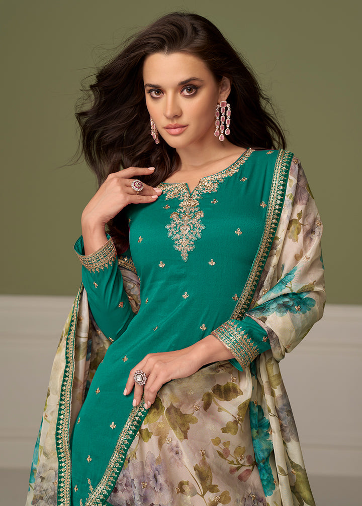 Buy Now Delightful Rama Shimmer Silk Function Palazzo Suit Online in Newark, Yorktown, Toronto, London, Dubai, Orlando, Munich & Worldwide at Empress.