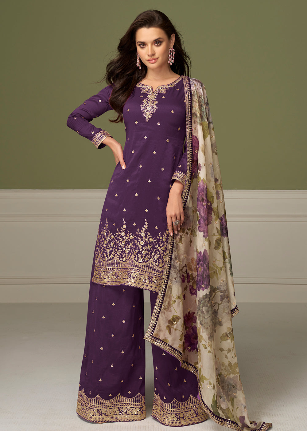 Buy Now Delightful Purple Shimmer Silk Function Palazzo Suit Online in Newark, Yorktown, Toronto, London, Dubai, Orlando, Munich & Worldwide at Empress.
