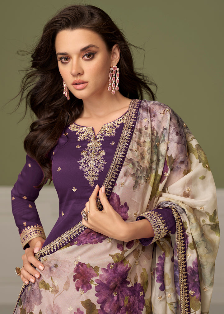 Buy Now Delightful Purple Shimmer Silk Function Palazzo Suit Online in Newark, Yorktown, Toronto, London, Dubai, Orlando, Munich & Worldwide at Empress.