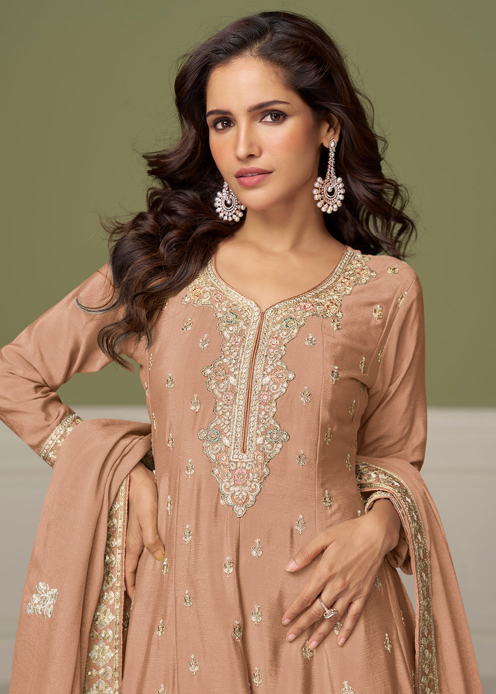 Buy Now Peach Beautiful Embroidered Festive Palazz Suit Online in US, UK, Canada, Germany, Italy, France, Austria, Denmark, Australia & Worldwide at Empress.