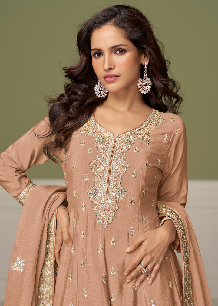Buy Now Peach Beautiful Embroidered Festive Palazz Suit Online in US, UK, Canada, Germany, Italy, France, Austria, Denmark, Australia & Worldwide at Empress.
