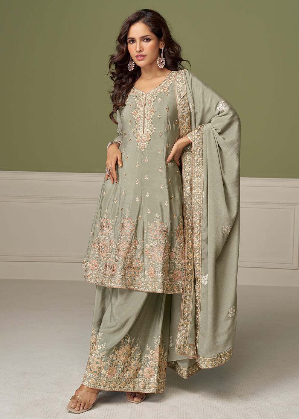 Buy Now Mint Grey Beautiful Embroidered Festive Palazz Suit Online in US, UK, Canada, Germany, Italy, France, Austria, Denmark, Australia & Worldwide at Empress