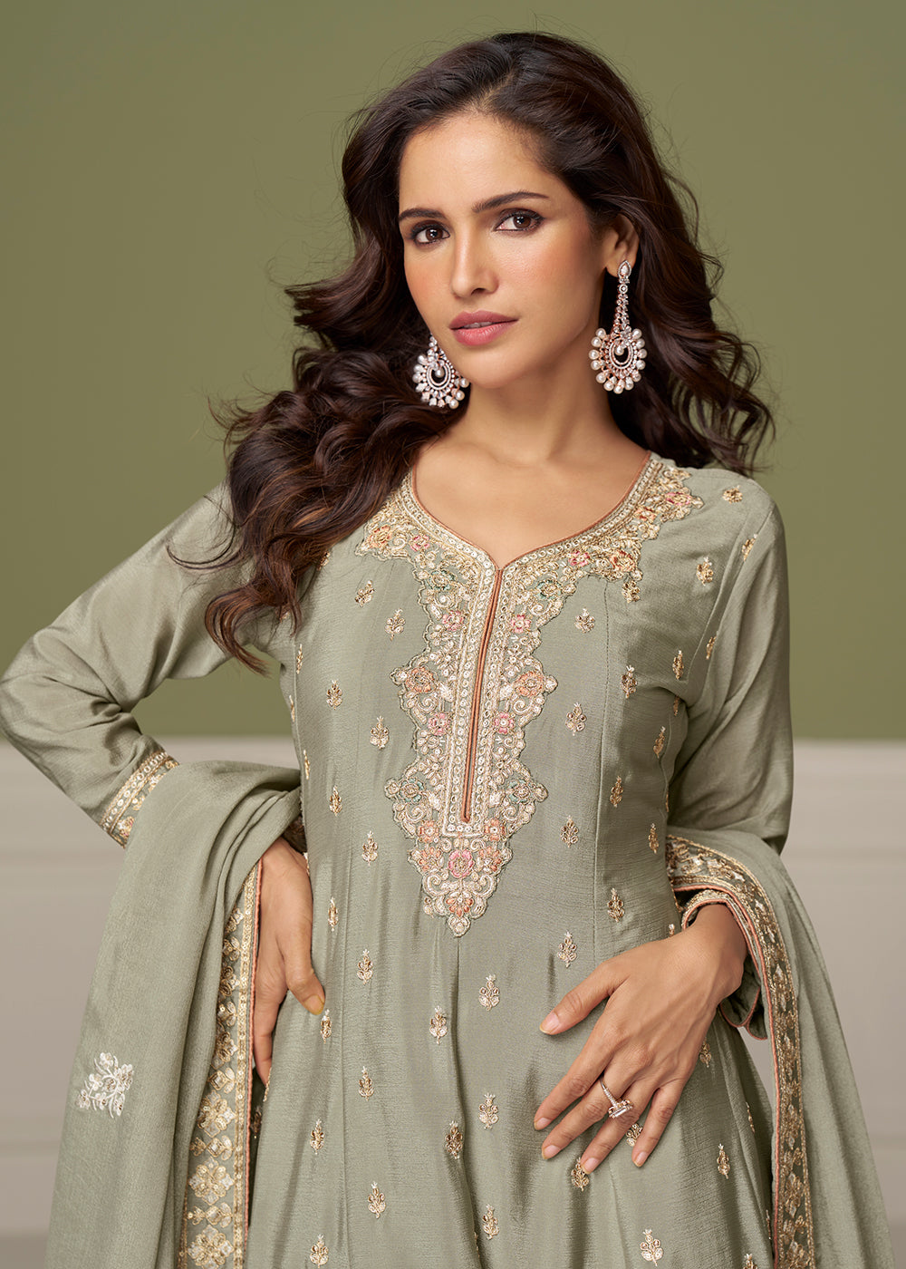 Buy Now Mint Grey Beautiful Embroidered Festive Palazz Suit Online in US, UK, Canada, Germany, Italy, France, Austria, Denmark, Australia & Worldwide at Empress