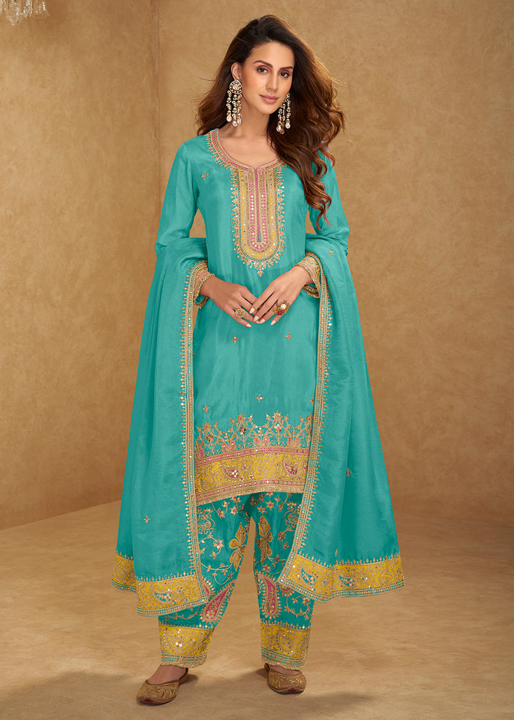Buy Now Aqua Punjabi Style Embroidered Festive Salwar Kameez Online in Newark, Yorktown, Toronto, London, Orlando, Munich, Chicago, Ohio & Worldwide at Empress.