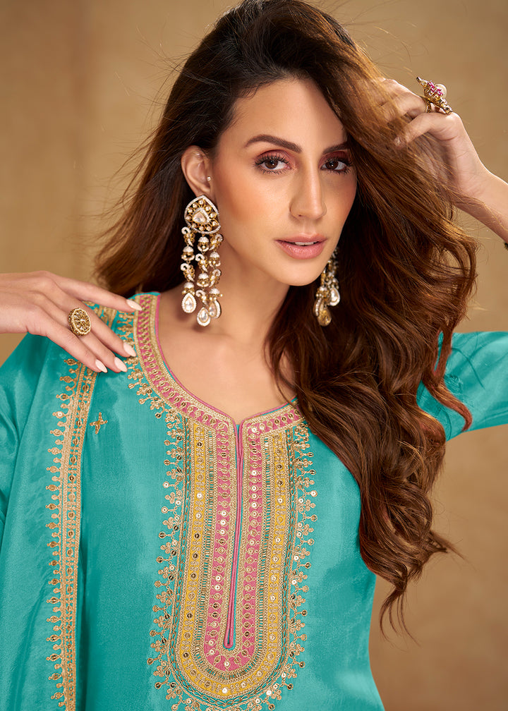 Buy Now Aqua Punjabi Style Embroidered Festive Salwar Kameez Online in Newark, Yorktown, Toronto, London, Orlando, Munich, Chicago, Ohio & Worldwide at Empress.