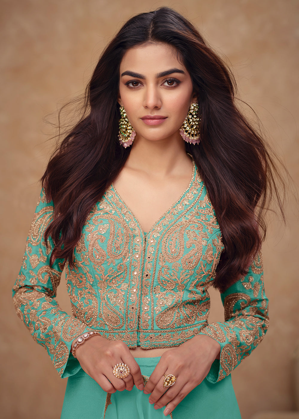 Buy Now Crop Top Style Green Indo Western Dress Online in Newark, Yorktown, Toronto, London, Orlando, Munich, Chicago, Denver, Dubai & Worldwide at Empress.