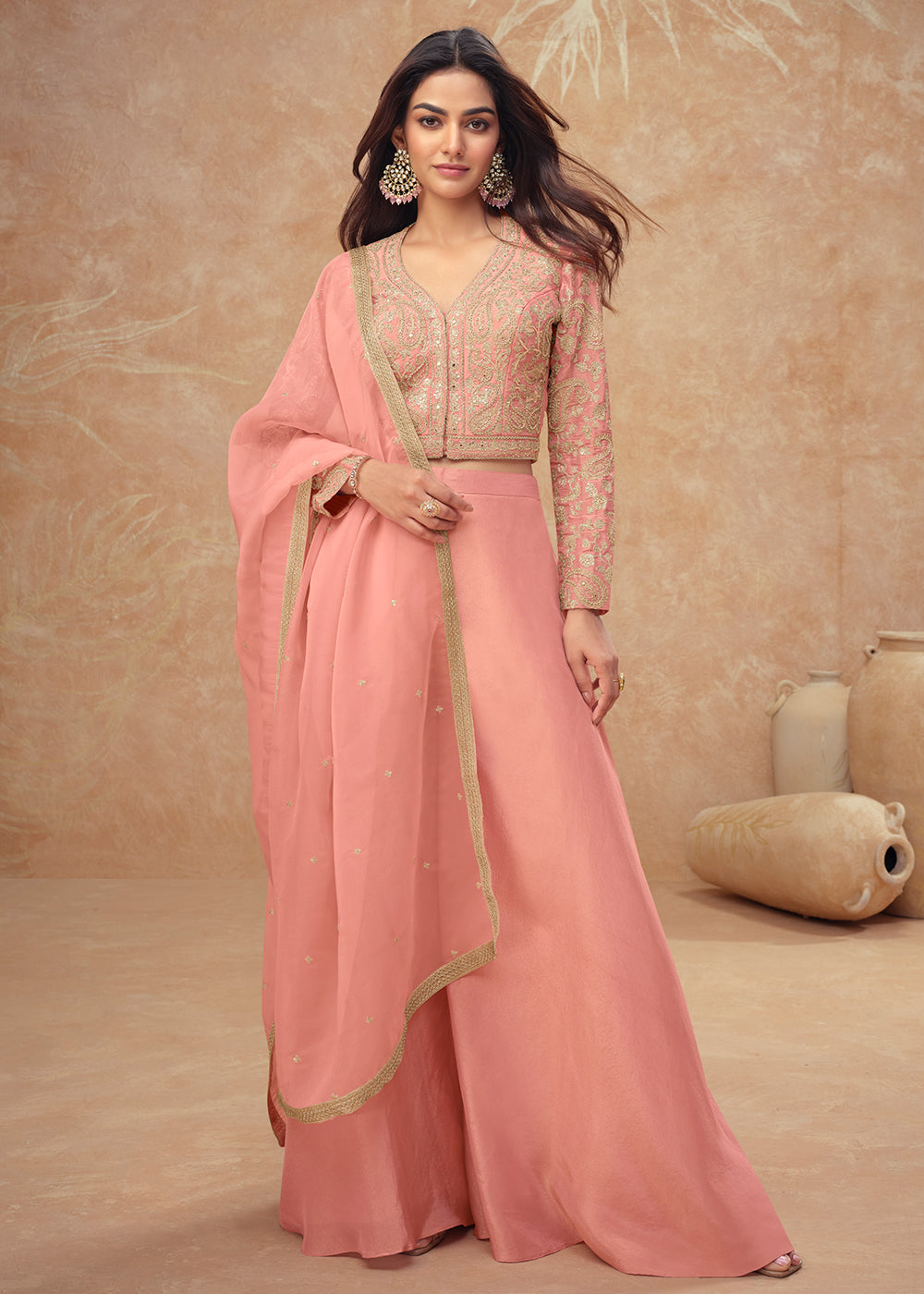 Buy Now Crop Top Style Peach Indo Western Dress Online in Newark, Yorktown, Toronto, London, Orlando, Munich, Chicago, Denver, Dubai & Worldwide at Empress.