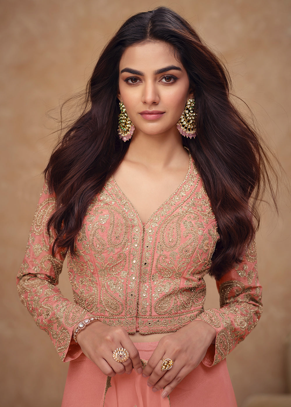 Buy Now Crop Top Style Peach Indo Western Dress Online in Newark, Yorktown, Toronto, London, Orlando, Munich, Chicago, Denver, Dubai & Worldwide at Empress.