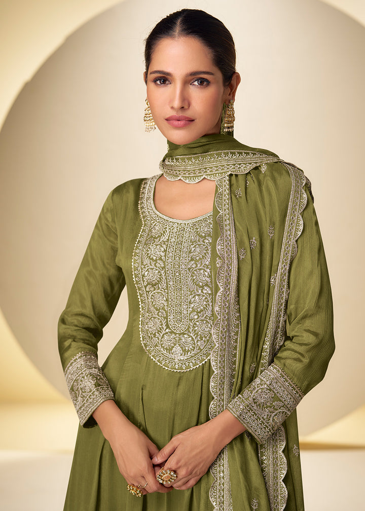 Buy Now Mehndi Green Festive Style Embroidered Palazzo Suit Online in Newark, Miami, Toronto, London, Bayern, Austin, Denver, New York & Worldwide at Empress.