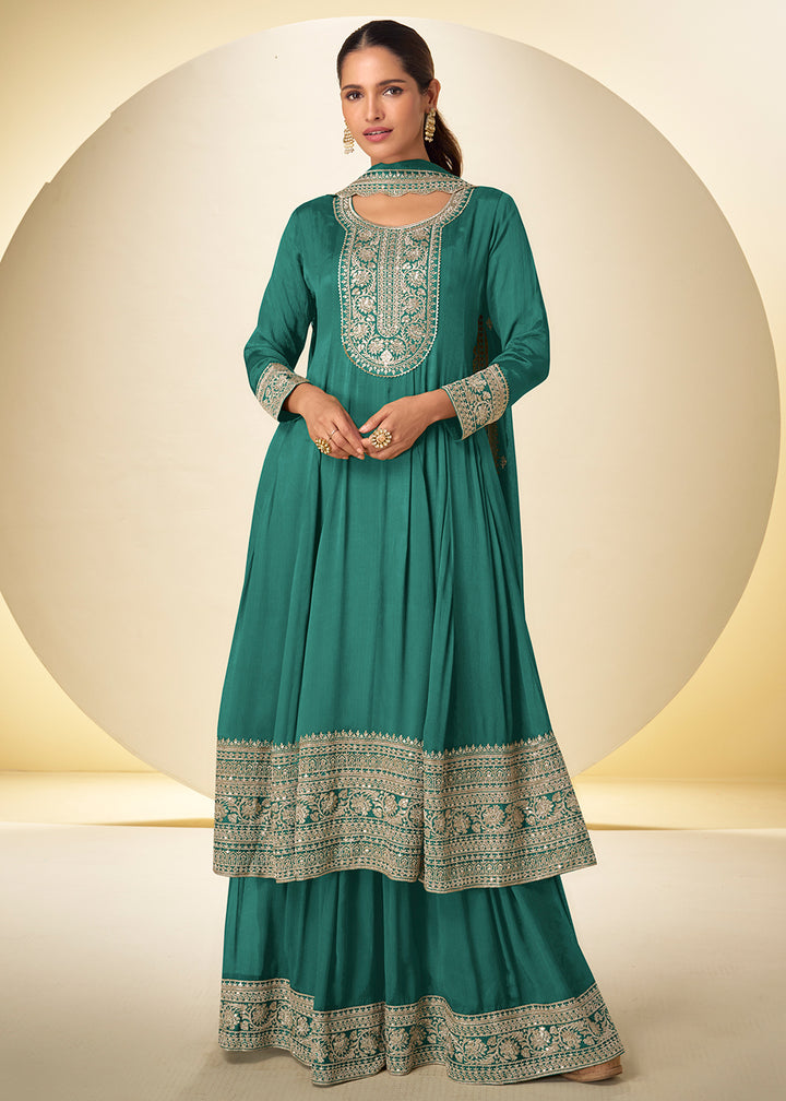 Buy Now Aqua Green Festive Style Embroidered Palazzo Suit Online in Newark, Miami, Toronto, London, Bayern, Austin, Denver, New York & Worldwide at Empress.