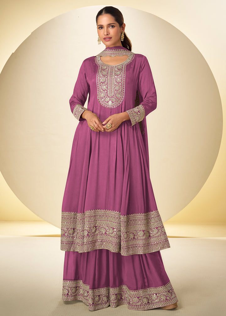 Buy Now Onion Pink Festive Style Embroidered Palazzo Suit Online in Newark, Miami, Toronto, London, Bayern, Austin, Denver, New York & Worldwide at Empress.
