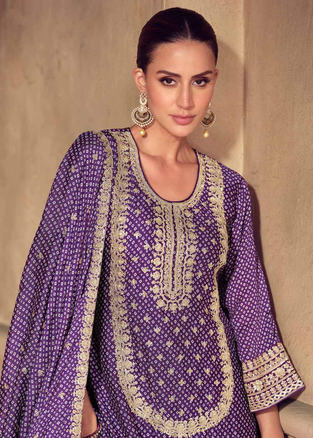 Shop Now Premium Purple Embroidered Festive Gharara Style Suit Online in USA, UK, Canada, France, Qatar, Germany, Italy, Spain & Worldwide at Empress Clothing.