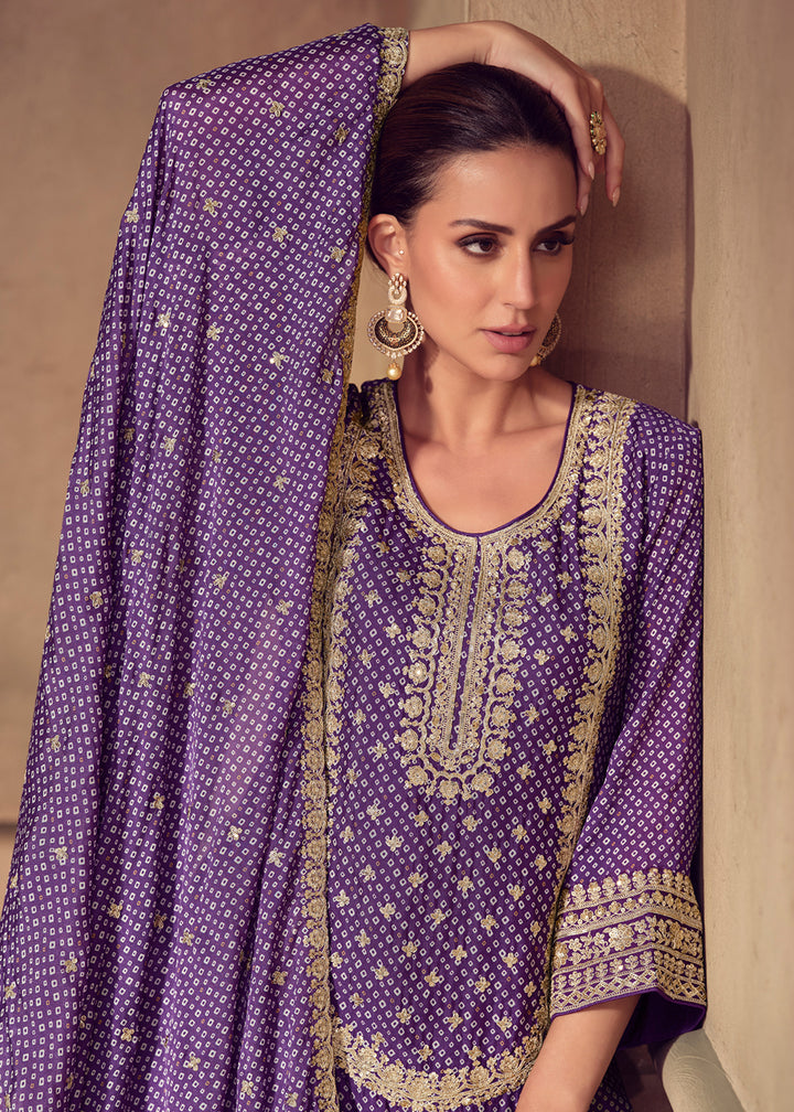 Shop Now Premium Purple Embroidered Festive Gharara Style Suit Online in USA, UK, Canada, France, Qatar, Germany, Italy, Spain & Worldwide at Empress Clothing.