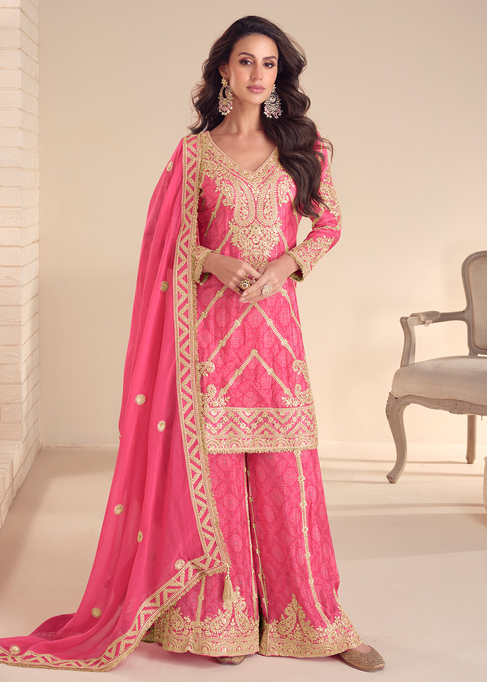 Buy Now Festive Style Printed Pink Embroidered Palazzo Suit Suit Online in US, UK, Canada, Germany, Italy, France, Austria, Denmark, UAE & Worldwide at Empress.