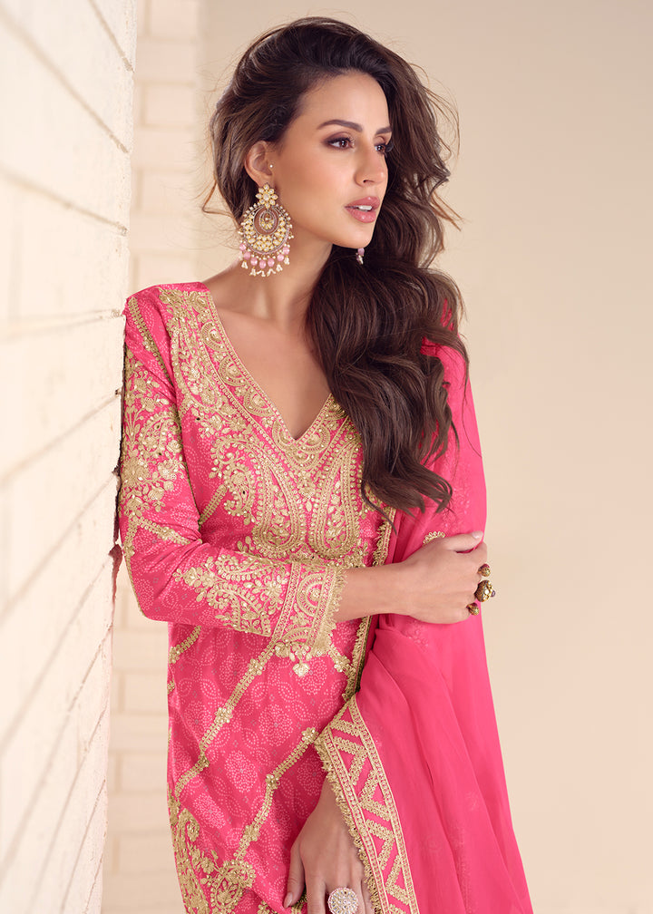 Buy Now Festive Style Printed Pink Embroidered Palazzo Suit Suit Online in US, UK, Canada, Germany, Italy, France, Austria, Denmark, UAE & Worldwide at Empress.