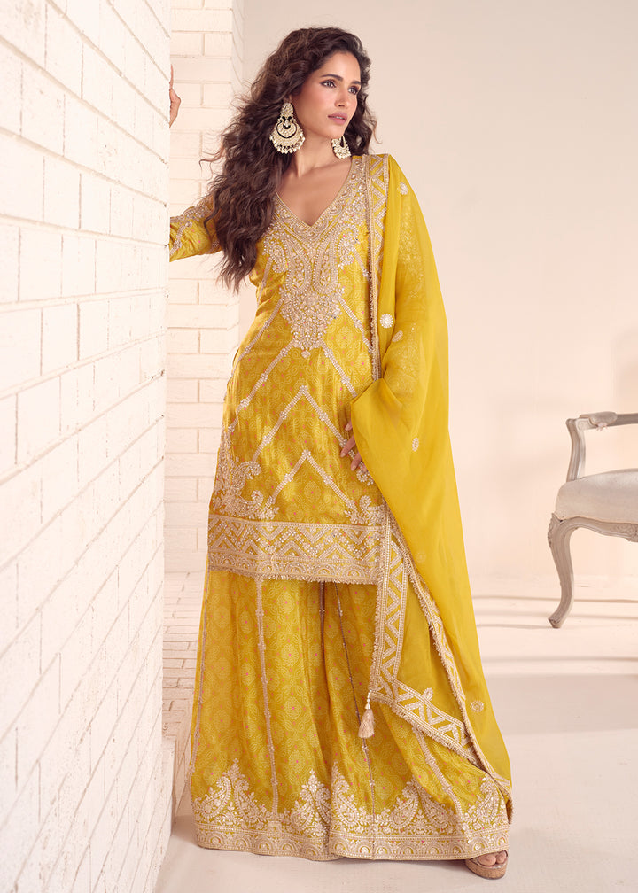 Buy Now Festive Style Printed Yellow Embroidered Palazzo Suit Suit Online in US, UK, Canada, Germany, Italy, France, Austria, Denmark & Worldwide at Empress.