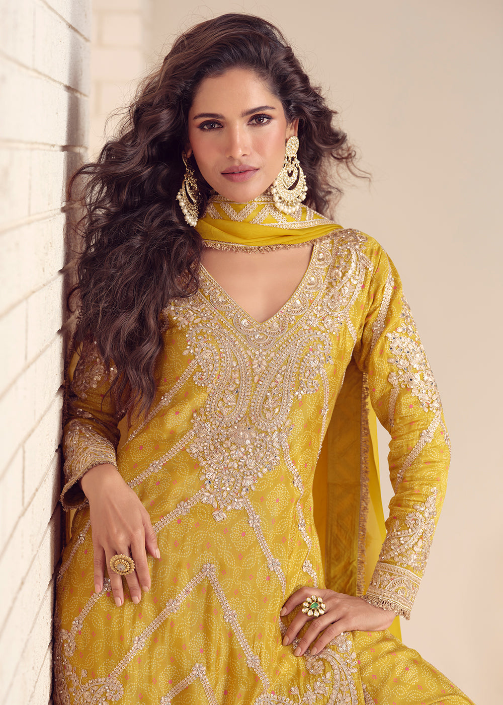 Buy Now Festive Style Printed Yellow Embroidered Palazzo Suit Suit Online in US, UK, Canada, Germany, Italy, France, Austria, Denmark & Worldwide at Empress.