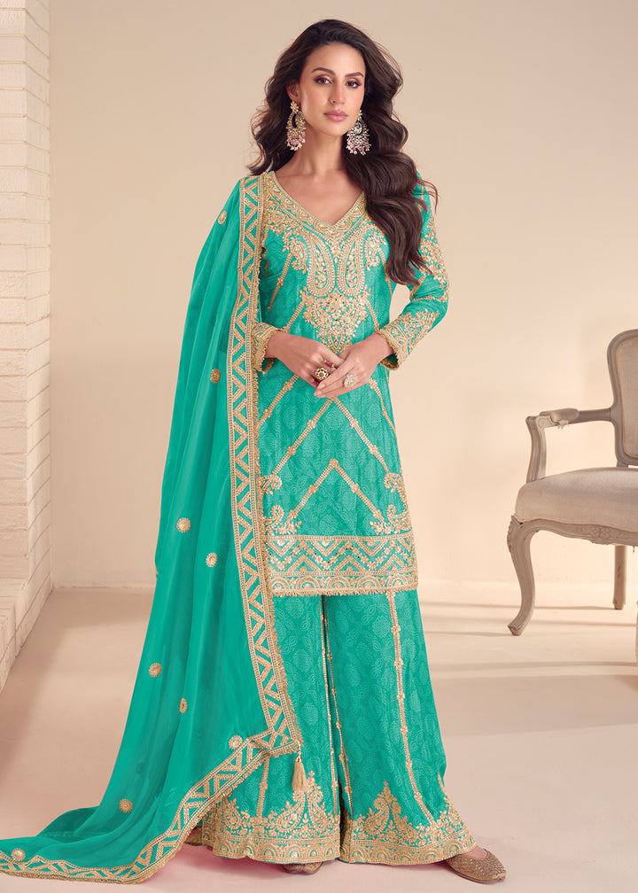 Buy Now Festive Style Printed Turquoise Embroidered Palazzo Suit Suit Online in US, UK, Canada, Germany, Italy, France, Austria, Denmark & Worldwide at Empress.