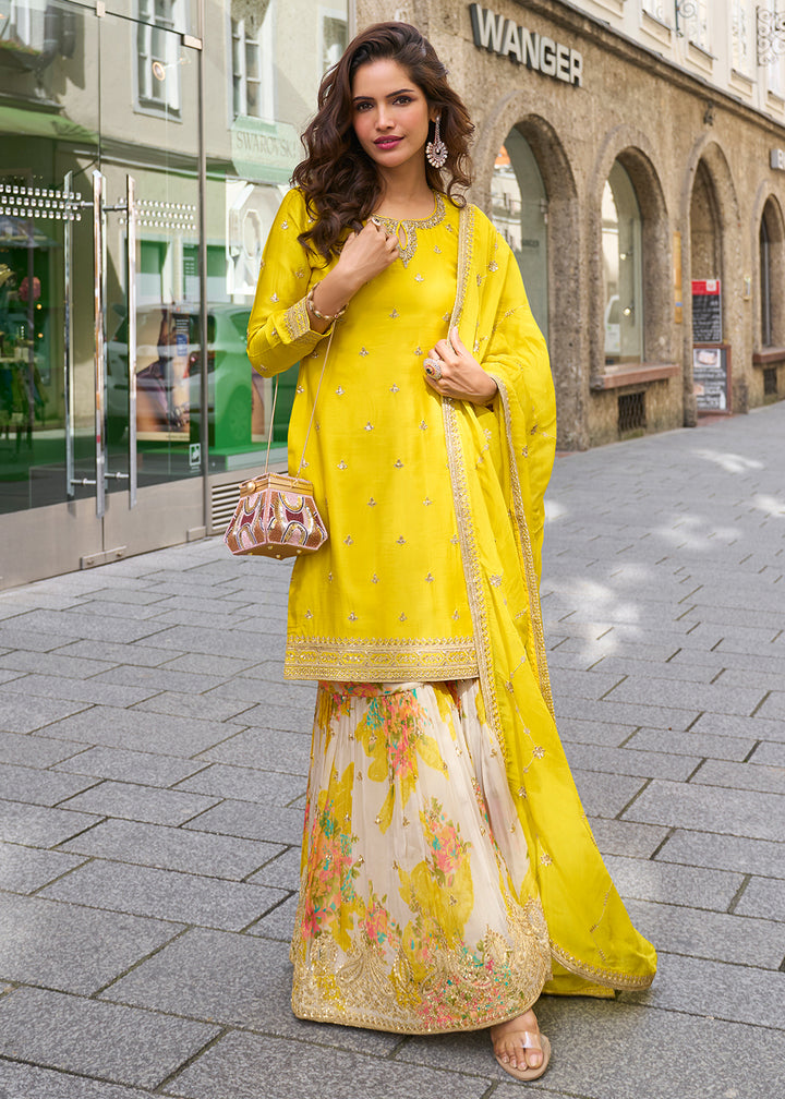 Buy Now Stunning Yellow Embroidered Festive Style Gharara Suit Online in USA, UK, Canada, Germany, Italy, France, Austria, Denmark, UAE & Worldwide at Empress.