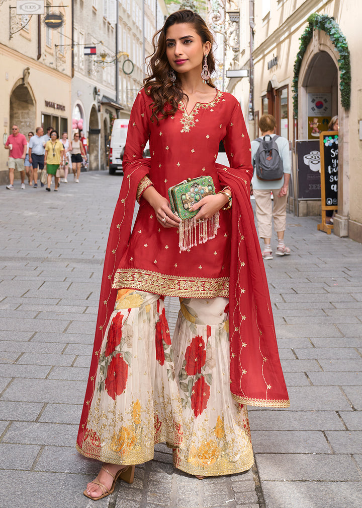 Buy Now Stunning Red Embroidered Festive Style Gharara Suit Online in USA, UK, Canada, Germany, Italy, France, Austria, Denmark, UAE & Worldwide at Empress.