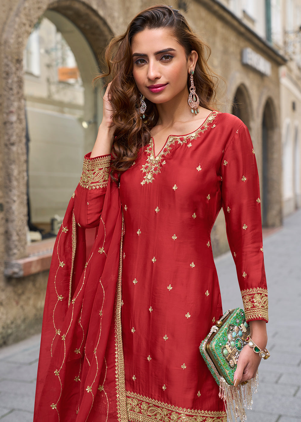Buy Now Stunning Red Embroidered Festive Style Gharara Suit Online in USA, UK, Canada, Germany, Italy, France, Austria, Denmark, UAE & Worldwide at Empress.