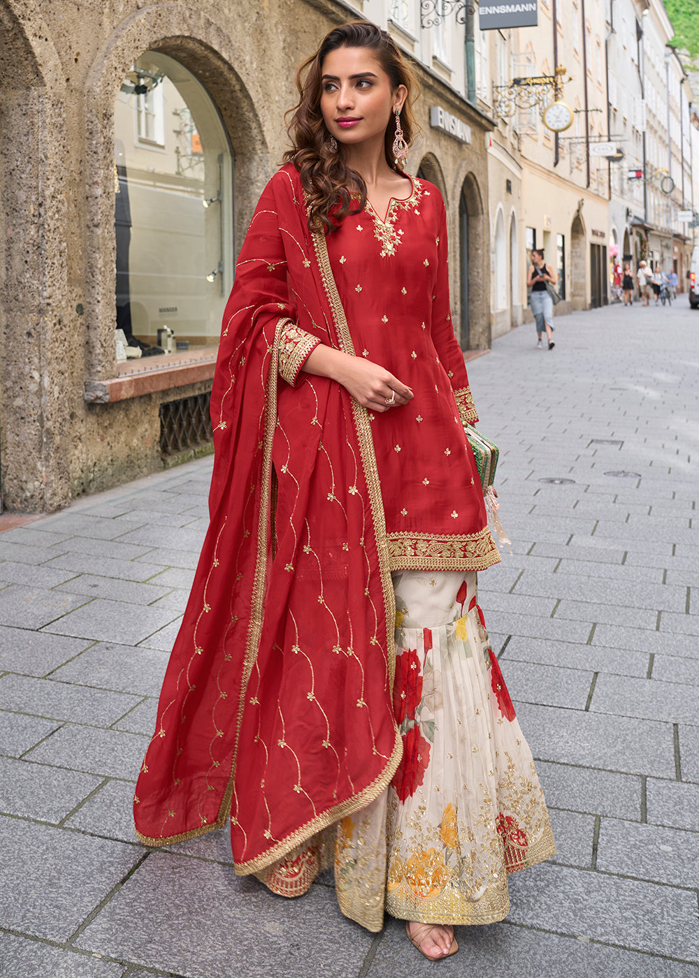 Buy Now Stunning Red Embroidered Festive Style Gharara Suit Online in USA, UK, Canada, Germany, Italy, France, Austria, Denmark, UAE & Worldwide at Empress.