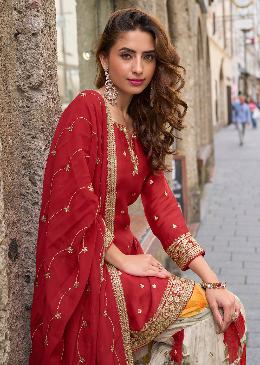 Buy Now Stunning Red Embroidered Festive Style Gharara Suit Online in USA, UK, Canada, Germany, Italy, France, Austria, Denmark, UAE & Worldwide at Empress.