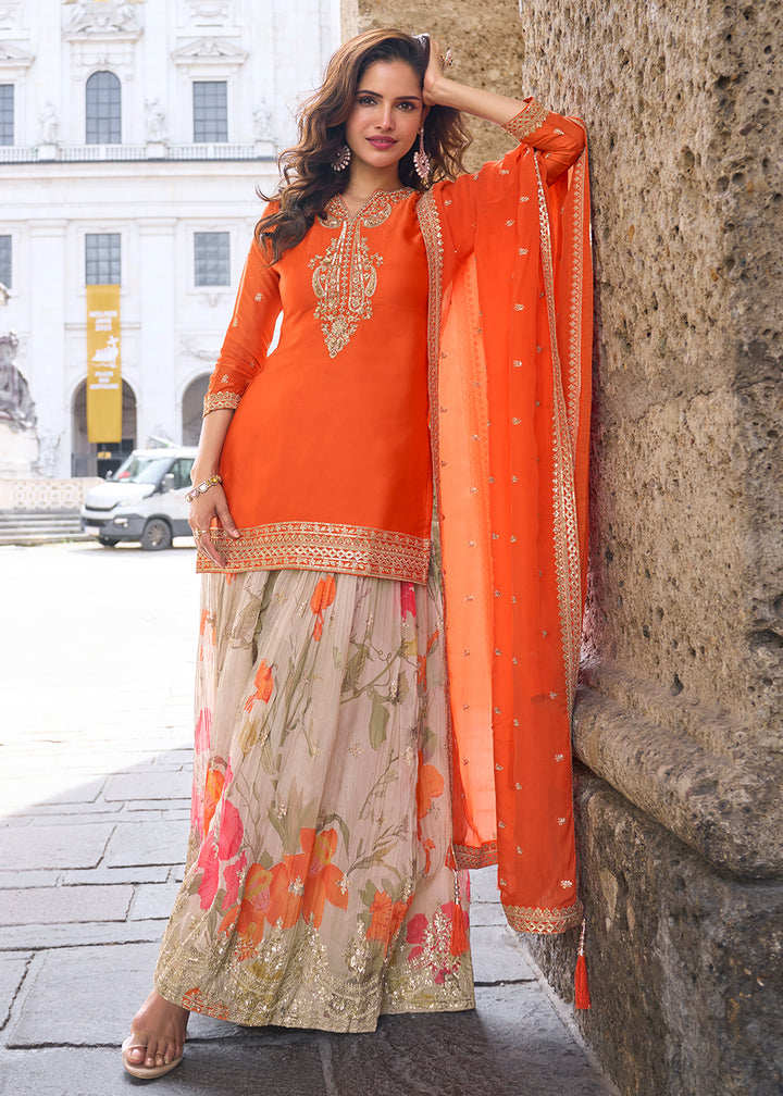 Buy Now Stunning Orange Embroidered Festive Style Gharara Suit Online in USA, UK, Canada, Germany, Italy, France, Austria, Denmark, UAE & Worldwide at Empress.