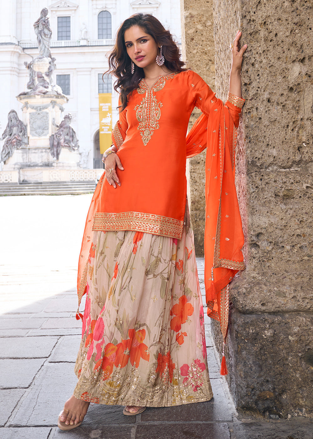 Buy Now Stunning Orange Embroidered Festive Style Gharara Suit Online in USA, UK, Canada, Germany, Italy, France, Austria, Denmark, UAE & Worldwide at Empress.