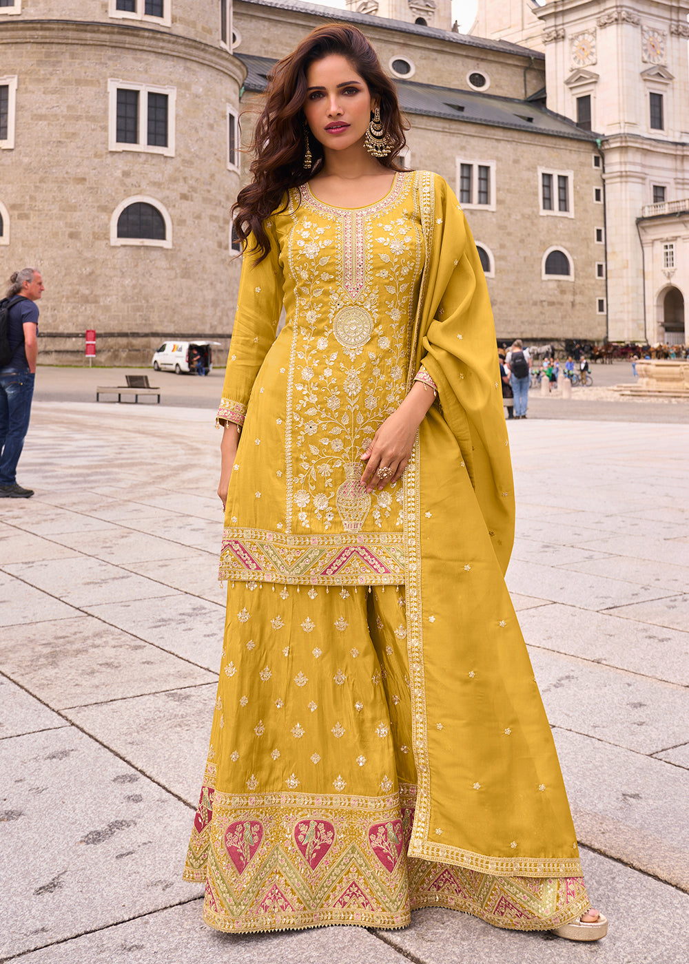 Buy Now Designer & Festive Canary Yellow Palazzo Style Suit Online in Newark, Yorktown, Toronto, London, Munich, Chicago, Denver, Utah & Worldwide at Empress.