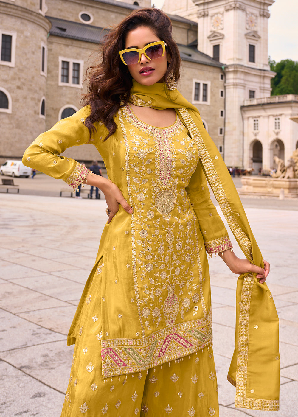 Buy Now Designer & Festive Canary Yellow Palazzo Style Suit Online in Newark, Yorktown, Toronto, London, Munich, Chicago, Denver, Utah & Worldwide at Empress.