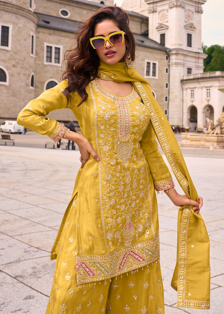 Buy Now Designer & Festive Canary Yellow Palazzo Style Suit Online in Newark, Yorktown, Toronto, London, Munich, Chicago, Denver, Utah & Worldwide at Empress.