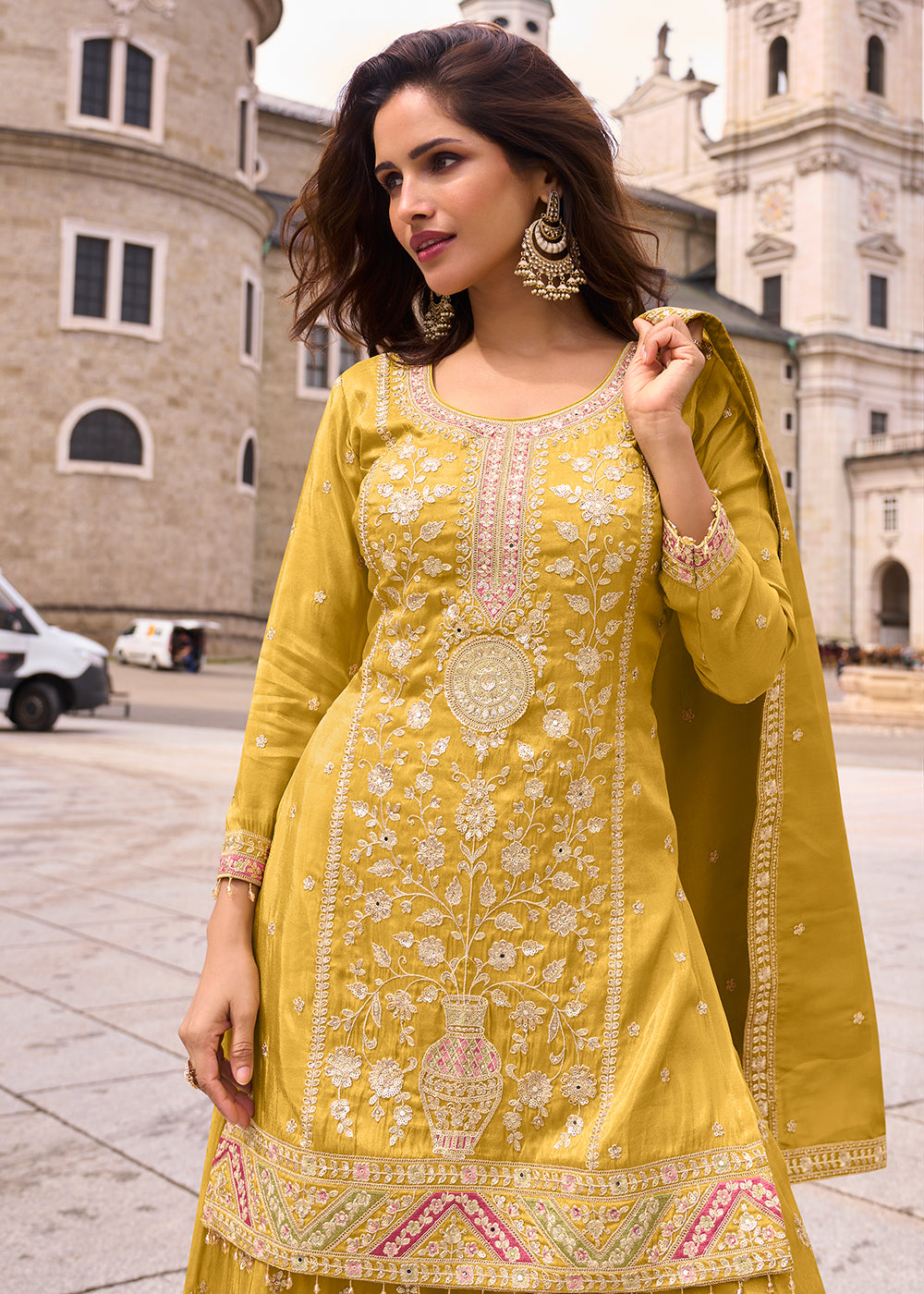Buy Now Designer & Festive Canary Yellow Palazzo Style Suit Online in Newark, Yorktown, Toronto, London, Munich, Chicago, Denver, Utah & Worldwide at Empress.