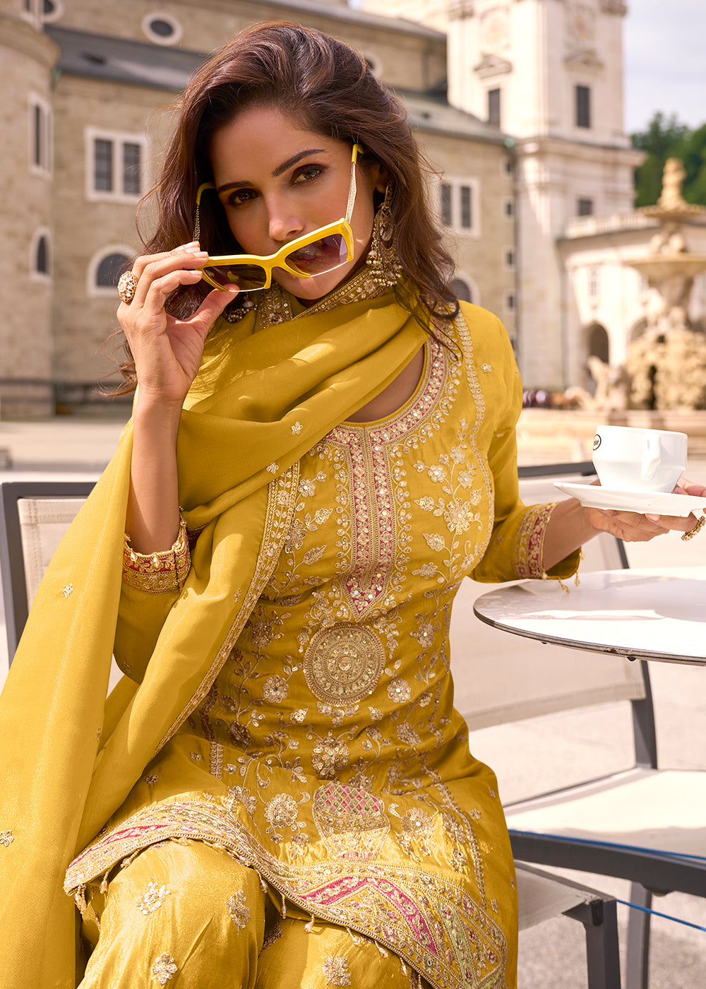 Buy Now Designer & Festive Canary Yellow Palazzo Style Suit Online in Newark, Yorktown, Toronto, London, Munich, Chicago, Denver, Utah & Worldwide at Empress.
