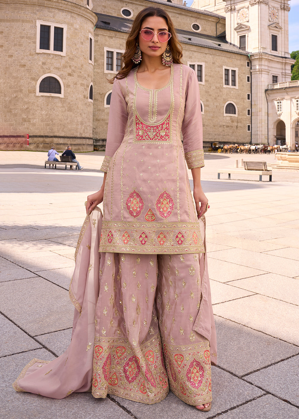 Buy Now Designer & Festive Rose Pink Palazzo Style Suit Online in Newark, Yorktown, Toronto, London, Munich, Chicago, Denver, Utah & Worldwide at Empress.