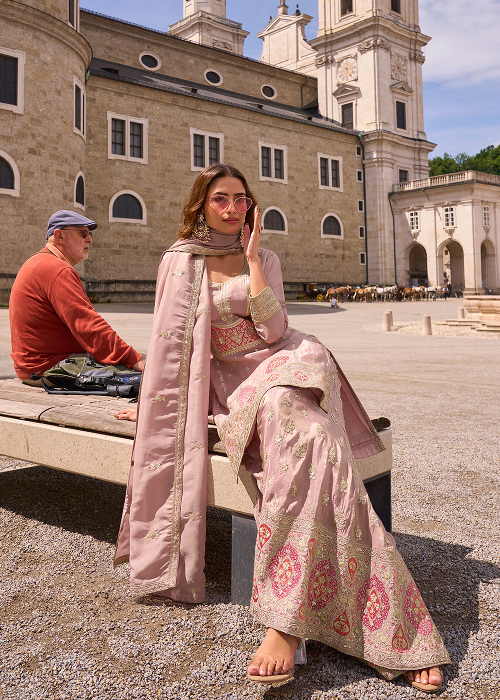 Buy Now Designer & Festive Rose Pink Palazzo Style Suit Online in Newark, Yorktown, Toronto, London, Munich, Chicago, Denver, Utah & Worldwide at Empress.