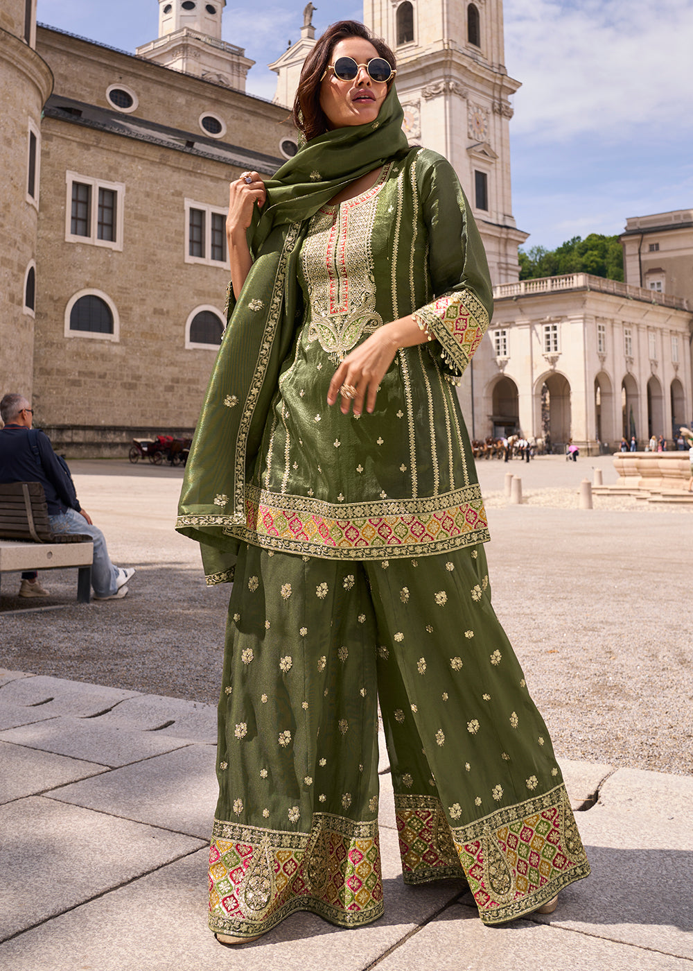 Buy Now Designer & Festive Mehndi Green Palazzo Style Suit Online in Newark, Yorktown, Toronto, London, Munich, Chicago, Denver, Utah & Worldwide at Empress.
