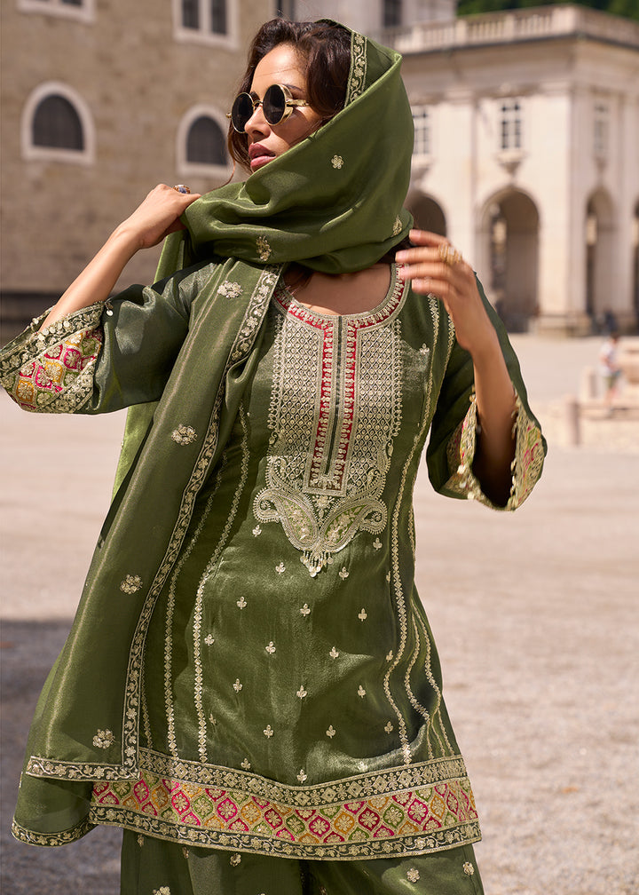 Buy Now Designer & Festive Mehndi Green Palazzo Style Suit Online in Newark, Yorktown, Toronto, London, Munich, Chicago, Denver, Utah & Worldwide at Empress.