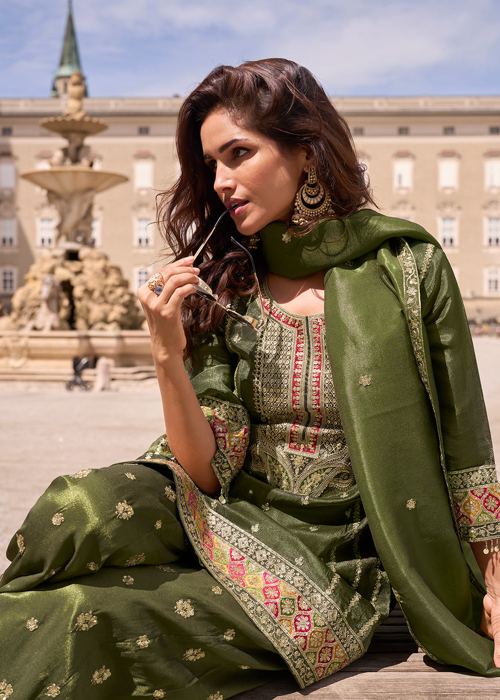 Buy Now Designer & Festive Mehndi Green Palazzo Style Suit Online in Newark, Yorktown, Toronto, London, Munich, Chicago, Denver, Utah & Worldwide at Empress.