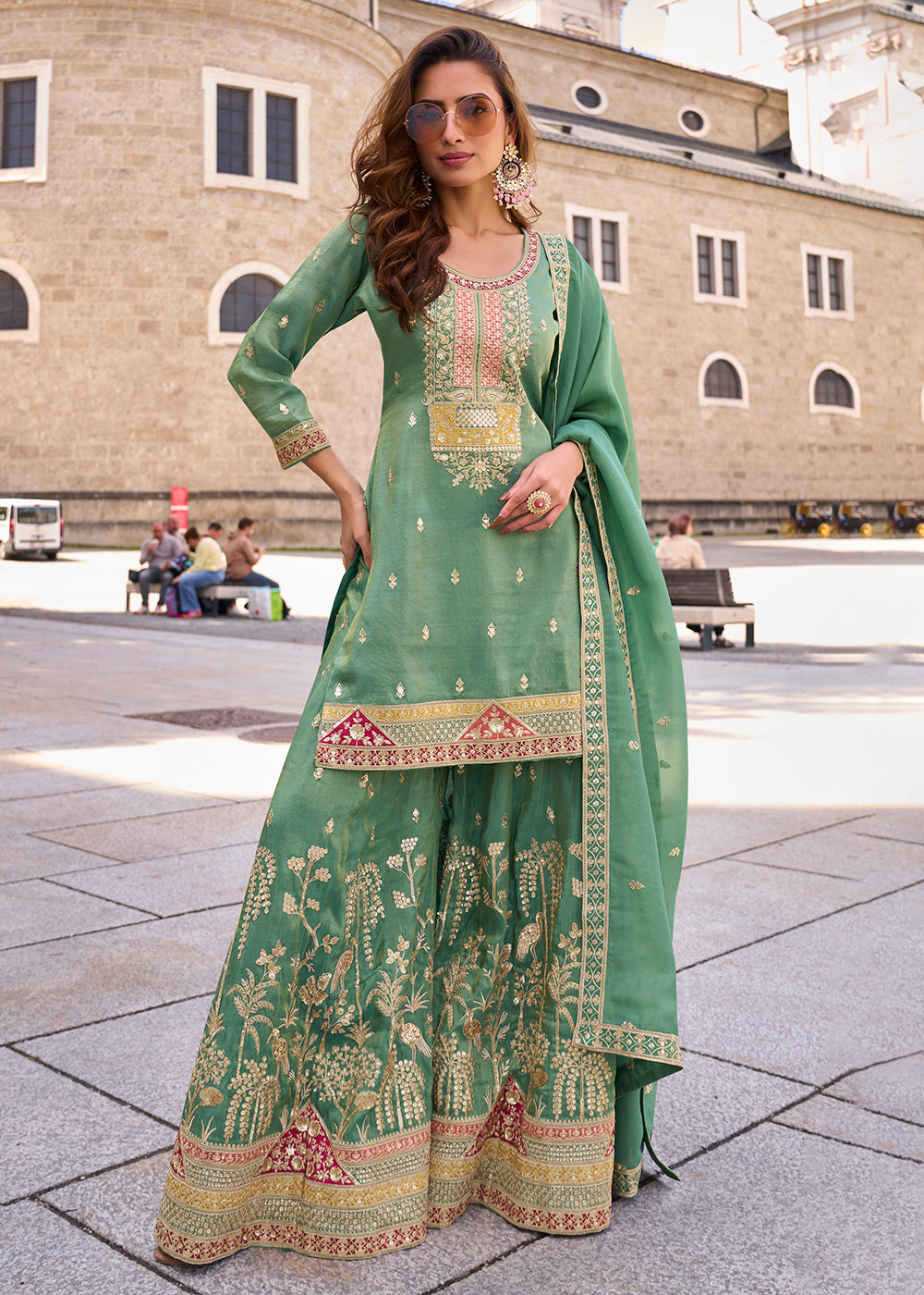 Buy Now Designer & Festive Cool Green Palazzo Style Suit Online in Newark, Yorktown, Toronto, London, Munich, Chicago, Denver, Utah & Worldwide at Empress.
